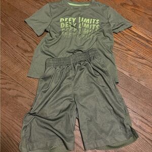 Xersion Olive & Neon Green 'Defy Limits' Short Sleeve Top and Shorts Set